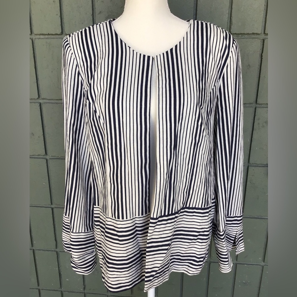 NY Collection Linen Blouse/Blazer, Navy Blue and Beige- Women Size L.